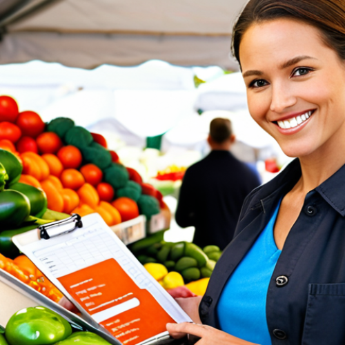 **Close-up of a confident, smiling professional inspecting fresh produce at a vibrant farmers market, holding a clipboard with a well-structured cover letter visible in the background. Focus on conveying trustworthiness and attention to detail.**