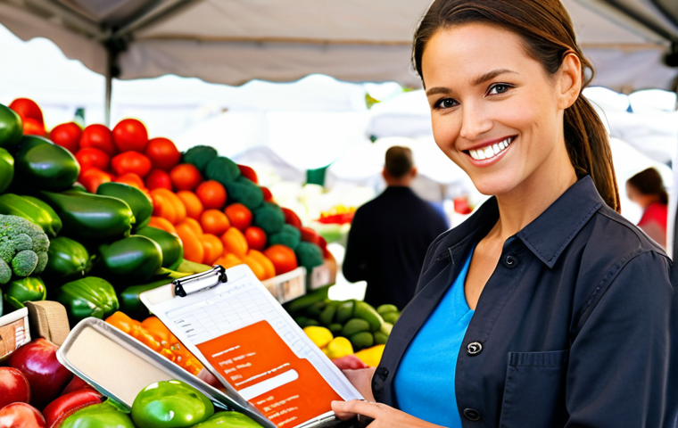 **Close-up of a confident, smiling professional inspecting fresh produce at a vibrant farmers market, holding a clipboard with a well-structured cover letter visible in the background. Focus on conveying trustworthiness and attention to detail.**