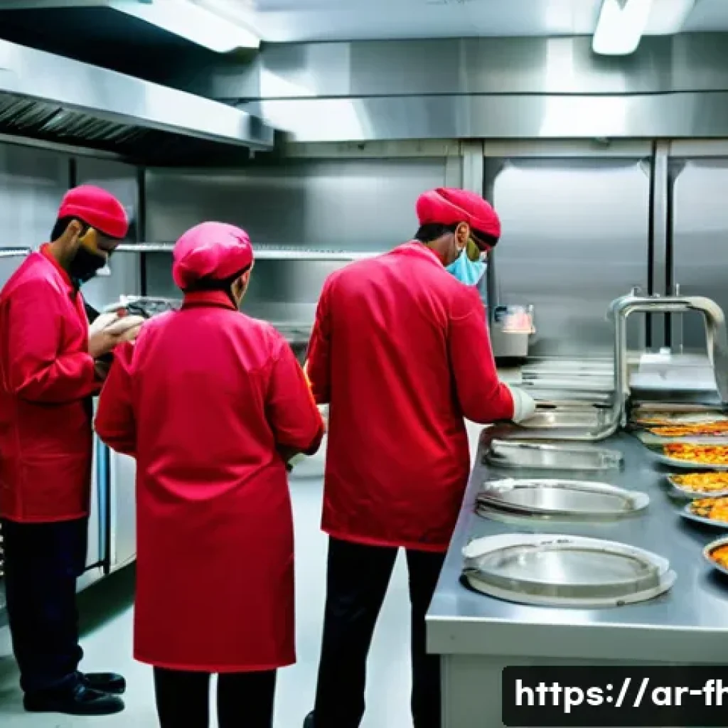 식품위생 점검 후 개선사항 작성 방법 - A modern food safety inspection scene in a Middle Eastern commercial kitchen, featuring a diverse te...