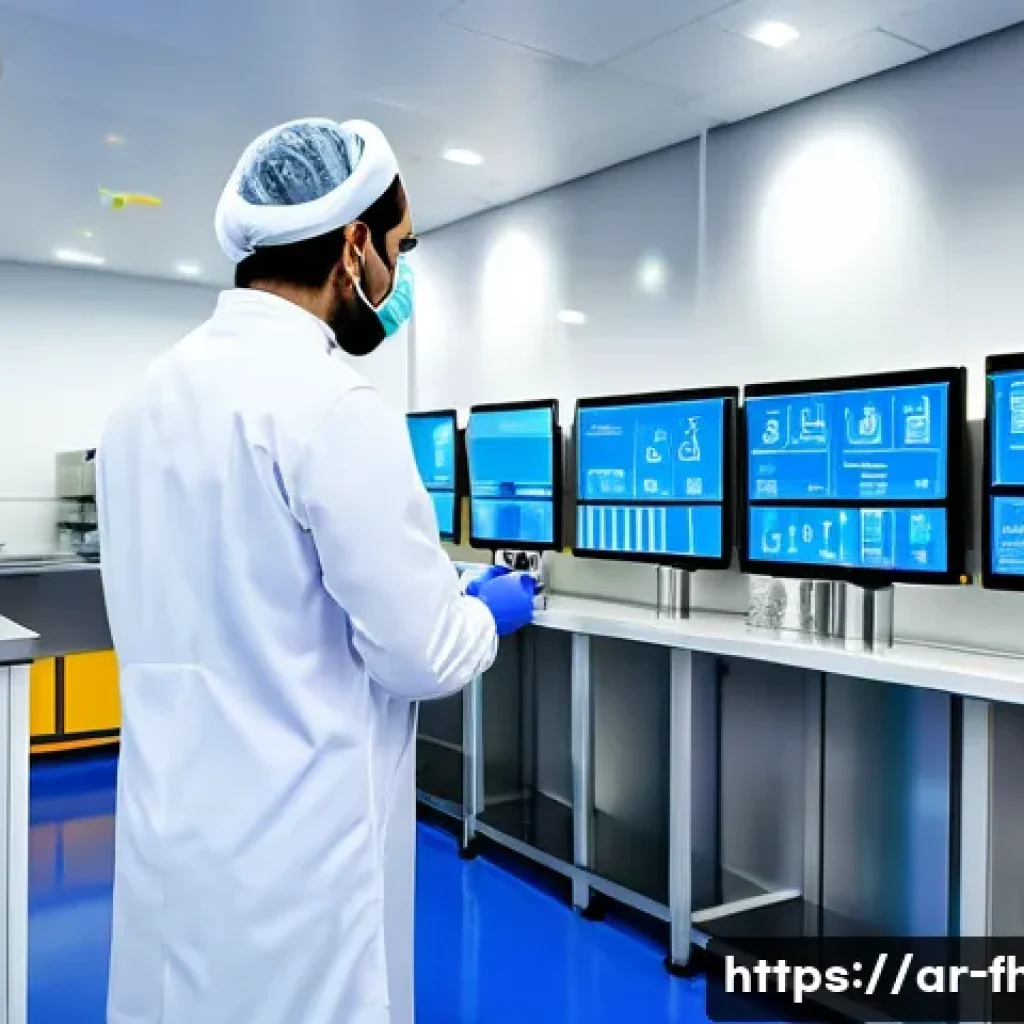 식품위생관리사 실무에서의 문제 해결 능력 - A modern food safety laboratory in the Middle East, showcasing a team of diverse professionals weari...