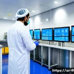 식품위생관리사 실무에서의 문제 해결 능력 - A modern food safety laboratory in the Middle East, showcasing a team of diverse professionals weari...