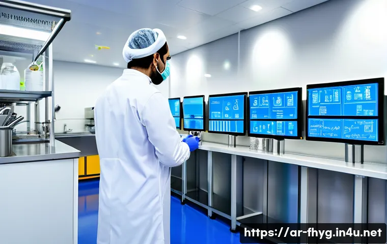 식품위생관리사 실무에서의 문제 해결 능력 - A modern food safety laboratory in the Middle East, showcasing a team of diverse professionals weari...