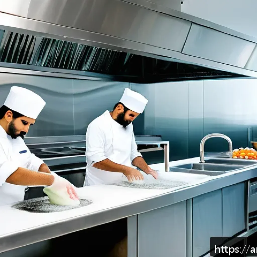 식품위생관리사 필기 시험 준비 자료 - A modern Middle Eastern commercial kitchen scene emphasizing food safety practices: professional che...