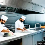 식품위생관리사 필기 시험 준비 자료 - A modern Middle Eastern commercial kitchen scene emphasizing food safety practices: professional che...