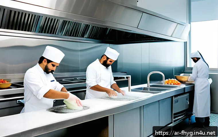 식품위생관리사 필기 시험 준비 자료 - A modern Middle Eastern commercial kitchen scene emphasizing food safety practices: professional che...