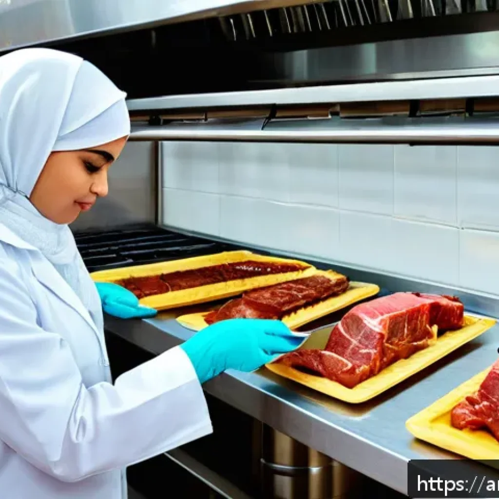 식품위생 실습 시험장에서의 경험담 - A professional Middle Eastern female food safety inspector wearing clean white gloves, a white lab c...