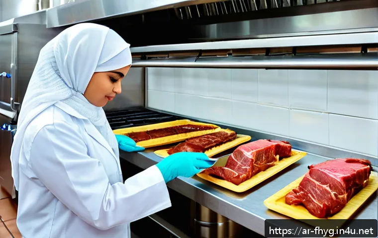 식품위생 실습 시험장에서의 경험담 - A professional Middle Eastern female food safety inspector wearing clean white gloves, a white lab c...