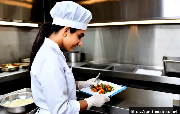 Home 17 식품위생 법규 이해하기 - Photorealistic food safety inspection in a modern Middle Eastern restaurant kitchen, Arab female hea...